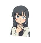  1girl asashio_(kancolle) asashio_kai_ni_(kancolle) black_dress black_hair blue_eyes collared_shirt cropped_torso dress dress_shirt highres kantai_collection long_hair looking_at_viewer pinafore_dress rockborder shirt simple_background sleeveless sleeveless_dress solo straight-on upper_body white_background white_shirt 