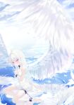  1girl absurdres belt_collar black_collar closed_mouth collar commentary dress feathered_wings hair_between_eyes hair_intakes hand_up hatenashun422 highres long_hair looking_at_viewer original oversized_wings pink_eyes reflection reflective_liquid short_dress solo thigh_strap white_dress white_hair wings wrist_straps 