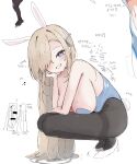  1girl animal_ear_hairband animal_ears asuna_(blue_archive) asuna_(bunny)_(blue_archive) bar_censor bare_shoulders black_pantyhose blonde_hair blue_archive blue_eyes blue_leotard blush breasts censored collarbone commentary darin6 fake_animal_ears fake_tail grin hair_over_one_eye hairband high_heels highres large_breasts leotard long_hair looking_at_viewer missing_halo pantyhose rabbit_ear_hairband rabbit_ears rabbit_tail shoes smile solo squatting tail thighband_pantyhose translation_request very_long_hair white_shoes 