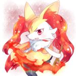 2017 ambiguous_anthro ambiguous_gender anthro biped braixen canid digital_drawing_(artwork) digital_media_(artwork) digitigrade elemental_manipulation fire fire_manipulation flesh_fang front_view generation_6_pokemon holding_object holding_stick japanese_description mammal nintendo o8chutime open_mouth open_smile pokemon pokemon_(species) portrait simple_background smile snout solo sparkles standing stick three-quarter_portrait three-quarter_view translated_description