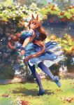  1girl absurdres animal_ears bag between_breasts birthday blue_bag blue_boots blue_dress blue_eyes blue_scarf blue_wrist_cuffs blurry blurry_background blush boots bow braid braided_ponytail breasts brown_hair dress ear_bow ear_ribbon falling_petals flower full_body grass hair_between_eyes happy_birthday highres horse_ears horse_girl horse_tail large_breasts long_hair looking_at_viewer looking_back multicolored_hair open_mouth outdoors petals red_flower scarf shoulder_bag smile solo standing standing_on_one_leg strap_between_breasts streaked_hair super_creek_(murmuring_stream)_(umamusume) super_creek_(umamusume) tail thigh_boots tree umamusume very_long_hair white_hair wrist_cuffs ye_fan 