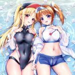  2girls :d artist_name bare_shoulders baseball_cap blonde_hair blue_shorts breasts brown_hair cameltoe casual_one-piece_swimsuit clothing_cutout commentary_request covered_collarbone covered_groin covered_navel covered_pussy crop_top fate_testarossa floating_flowers flower geko hair_between_eyes hand_on_own_chest hands_on_own_chest hat high_ponytail high_side_ponytail jacket jacket_partially_removed jasmine_(flower) large_breasts long_sidelocks looking_at_viewer lying lying_on_water lyrical_nanoha lyrical_store mahou_shoujo_lyrical_nanoha_exceeds:_gun_blaze_vengeance medium_breasts micro_shorts midriff multiple_girls navel off_shoulder official_alternate_costume on_back one-piece_swimsuit open_mouth panties panty_peek ponytail purple_eyes red_eyes see-through_clothes see-through_jacket short_side_ponytail shorts side-by-side side_cutout side_ponytail sidelocks signature smile swimsuit takamachi_nanoha underwear upper_body visor_cap water white_flower white_panties wispy_bangs 