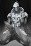 alien animal_genitalia bigl1463 bioware bodily_fluids celius_acillion electronic_arts erection genital_fluids genital_slit genitals hi_res kmeeling knot knotted_penis looking_at_viewer male mass_effect monochrome nude penis precum reclining solo turian
