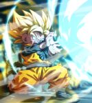  1boy aura black_shoes blonde_hair blue_eyes blue_sash blue_shirt child commentary_request dougi dragon_ball dragon_ball_z energy_beam from_side kamehameha_(dragon_ball) male_focus open_mouth orange_shirt rom_(20) saiyan sash shirt shoes solo son_goten spiked_hair standing super_saiyan super_saiyan_1 teeth 