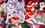  1boy 2girls alpha_(alpha_1918) artist_request bell blonde_hair blue_eyes boots bow breasts brown_boots character_request cheburashka christmas cross_pendant dress flat_chest fluffy_hair gift girls_und_panzer grin hair_bow hammer_and_sickle hat highres holding holding_gift kanye_west lace-up_boots long_hair medium_breasts military_uniform multiple_girls neck_bell non-web_source one_eye_closed original parted_lips purple_eyes red_dress red_eyes red_hair russia_(hetalia) santa_hat shoulder_boards smile thighhighs third-party_source ussr-tan very_long_hair white_dress white_hair white_thighhighs 