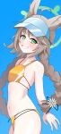  1girl ahoge animal_ears bikini blue_archive blue_background blue_visor_cap braid breasts commentary flower flower_hairtie fox_ears fox_girl green_eyes green_halo grey_hair grin hair_flower hair_ornament halo highres lightning_bolt_print looking_at_viewer low_twin_braids low_twintails multi-strapped_bikini_bottom numaduke orange_bikini otogi_(blue_archive) otogi_(c108_swimsuit)_(blue_archive) small_breasts smile solo sports_bikini swimsuit twin_braids twintails visor_cap 
