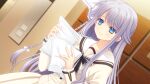  1girl black_bow black_bowtie blue_eyes bow bowtie braid bubble_skirt buttons closed_mouth double_bowtie dutch_angle frilled_sleeves frills game_asset grey_bow grey_bowtie hair_bow hands_up holding holding_paper indoors juliet_sleeves long_hair long_sleeves looking_at_object nishimata_aoi non-web_source official_art paper plaid_bow plaid_bowtie plaid_clothes puffy_sleeves purple_hair sailor_collar school_uniform self-datamine shirt single_braid skirt standing tsuki_ni_yorisou_otome_no_sahou_2 white_bow white_sailor_collar white_shirt white_skirt youkadou_sakuri 