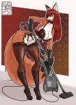 anthro bent_over big_breasts breasts canid canine cleaning cleaning_tool clothing evgheshkafx female fox green_eyes hair hanging_breasts hi_res legwear lingerie mammal neckwear nude nude_female red_hair simple_background solo stockings suzanne_(evgheshkafx) thick_thighs vacuum_cleaner wide_hips