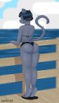 absurd_res anthro beach bedroom_eyes bikini bikini_thong black_hair blue_eyes boardwalk butt clothing cloud domestic_cat feet felid feline felis female grey_body hair hi_res huge_filesize jaynoedotart legs mammal narrowed_eyes outside presenting presenting_hindquarters russian_blue seductive smile smirk snaggle_tooth soles solo swimwear tail tail_motion tailwag two-piece_swimsuit undercut