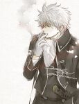  1boy acaco ascot belt cigarette collared_jacket commentary_request cowboy_shot gintama holding holding_cigarette jacket looking_to_the_side male_focus messy_hair official_alternate_costume open_clothes open_jacket pants sakata_gintoki shinsengumi_(gintama) shirt_tucked_in short_hair signature smoke smoking solo sword vest weapon white_background wing_collar 