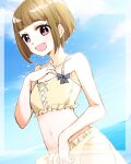 1girl :d bikini bikini_day bob_cut breasts brown_hair collarbone commentary_request cowboy_shot dutch_angle frilled_bikini frills highres inverted_bob kachimachi_kosuzu kanduki_kamibukuro looking_at_viewer love_live! love_live!_hasu_no_sora_jogakuin_school_idol_club navel open_mouth pink_eyes short_hair small_breasts smile solo stomach swimsuit virtual_youtuber yellow_bikini 
