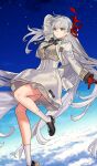  1girl black_shoes blush bow bowtie breasts colored_extremities commentary_request durga_(academy_outfit)_(fate) durga_(fate) earrings fate/grand_order fate_(series) game_asset grey_hair grey_shirt hair_ribbon jacket jewelry kneehighs large_breasts loafers long_hair long_sleeves looking_at_viewer official_art partial_commentary red_eyes red_hands ribbon shirt shoes skirt socks solo starshadowmagician thighs third-party_source very_long_hair white_jacket white_skirt white_socks 