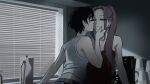  2girls alien_stage commentary dress english_commentary katseye kiss kissing_cheek kuradrawings mizi_(alien_stage) multiple_girls ponytail red_dress short_hair strapless strapless_dress sua_(alien_stage) tank_top white_tank_top window_blinds yellow_eyes yuri 