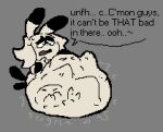 2026 abdominal_bulge ambiguous_gender ambiguous_pred anthro anthro_pred belly belly_on_ground big_belly biped black_arms black_body black_ear_tips black_eyelids black_fur black_tail black_text bodily_fluids bodily_noises chest_tuft daniel_(meatcanister) different_sized_pupils digestion digestion_noises digital_media_(artwork) dipstick_ears ear_markings ellipsis english_description english_text face_imprint frown full-length_portrait fully_inside fur gloves_(marking) green_text grey_background gurgle_(sound_effect) hair half-closed_eyes hand_imprint hand_on_belly hand_on_own_belly huge_belly hyper hyper_belly imprint lidded_eyes long_ears looking_at_belly looking_at_own_belly looking_at_self looking_down looking_down_at_belly looking_down_at_self male_(lore) mammal markings meatcanister monotone_background monotone_hair monotone_tail motion_lines multicolored_body multicolored_ears multicolored_fur multiple_prey narrowed_eyes nude_ambiguous nude_anthro open_frown open_mouth partial_speech_bubble pixel_(artwork) portrait rumbling_stomach same_size_vore simple_background soft_vore solo sound_effects struggling struggling_prey stuttering sweat sweatdrop tail talking_to_another talking_to_prey tan_arms tan_body tan_ears tan_fur tan_hair tan_tuft text tuft two_tone_arms two_tone_body two_tone_ears two_tone_fur unseen_prey unwilling_prey vore vowelless vowelless_sound_effect