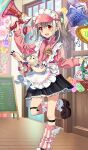  1girl apron basket black_skirt blush breasts brown_shoes commentary_request fate/grand_order fate_(series) frilled_hat frills game_asset hat hiroyama_hiroshi illyasviel_von_einzbern illyasviel_von_einzbern_(academy_outfit) jacket kneehighs long_hair long_sleeves looking_at_viewer loose_socks magical_ruby megaphone official_art open_mouth partial_commentary pink_hat pink_jacket pink_socks red_eyes shoes sidelocks skirt small_breasts smile socks solo stuffed_toy thigh_strap thighs third-party_source two_side_up visor_cap white_apron white_hair 