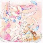 1:1 2026 ambiguous_gender blue_eyes blush blush_lines bow_(anatomy) brown_body brown_fur dipstick_tail duo eevee eeveelution eyes_closed feral fur generation_1_pokemon generation_6_pokemon hi_res leg_markings markings nintendo paws pink_body pink_fur pokemon pokemon_(species) remedy0308 ribbons_(anatomy) signature simple_background sitting size_difference smile socks_(marking) sylveon tail tail_markings white_body white_fur