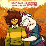 2026 2_horns ambiguous_gender ambiguous_human anthro biped blush blush_lines bovid brown_hair caprine clothed clothing confusion cute_fangs darkner deltarune detailed_background digital_drawing_(artwork) digital_media_(artwork) directional_arrow duo english_text eyes_closed eyewear fangs floppy_ears fur glasses goat hair horn hug hugging_another human human_on_anthro inner_monologue interspecies kris_dreemurr male male/ambiguous male_anthro mammal outside pink_horn question_mark qwizibo ralsei red_eyes scut_tail short_hair short_tail snout tail teeth text thinking thought_bubble undertale_(series) wearing_glasses white_body white_fur