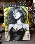  1girl black_tank_top breasts collarbone commentary cover_sketch death_of_the_endless english_commentary highres jewelry long_hair marker_(medium) monochrome necklace outline parted_lips photo_(medium) signature solo stanley_lau tank_top the_sandman_(dc) traditional_media yellow_outline 