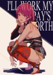  1girl :d :p armpits arrow_(projectile) bare_arms bare_back black_background blush breasts commentary dark_skin english_commentary english_text fire_emblem fire_emblem:_fortune's_weave from_side grey_background hand_on_own_cheek hand_on_own_face hand_up highres holding holding_arrow lilian_tabitha looking_at_viewer looking_to_the_side medium_breasts red_eyes red_hair revolverwing sandals short_hair sideboob smile solo squatting thighs tiptoes tongue tongue_out two-tone_background 