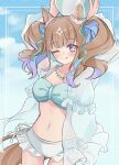  1girl aisu_kuriimu almond_eye_(natsuzora_chirutime)_(umamusume) almond_eye_(umamusume) animal_ears arms_up ball beachball bikini blue_bikini blue_eyes blush breasts brown_hair closed_mouth colored_inner_hair commentary hair_ornament hairclip highres holding holding_ball holding_beachball horse_ears horse_girl jacket jewelry long_hair long_sleeves looking_at_viewer medium_breasts multicolored_hair navel necklace official_alternate_costume one_eye_closed smile solo stomach swimsuit symbol-shaped_pupils twintails umamusume white_bikini white_jacket x-shaped_pupils 