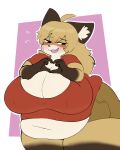 2026 ahoge alternate_version_at_source anthro belly belly_overhang belly_peeking_out big_belly big_breasts blush bottomwear breasts canid canine cleavage clothed clothing digital_media_(artwork) female fox fujiko_(inazuma_kat) fur gesture gloves_(marking) hair happy heart_gesture hi_res huge_breasts huge_thighs inazuma_kat inner_ear_fluff leg_markings looking_away love_handles mammal markings narrowed_eyes nipple_outline obese obese_anthro obese_female open_mouth open_smile overweight overweight_anthro overweight_female pink_background red_clothing red_shirt red_topwear shirt shorts shy simple_background smile socks_(marking) solo tan_body tan_fur tan_hair thick_thighs topwear tuft wide_hips