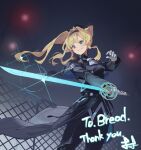  1girl absurdres artist_name ascot black_capelet black_coat black_hairband blonde_hair buttons cape capelet chain-link_fence coat coat_lift collared_coat commission commissioner_name cosplay double-breasted english_commentary epaulettes fence floating_cape floating_clothes floating_hair gildaria_(shadowverse) gildaria_(shadowverse)_(cosplay) glint gloves granblue_fantasy green_hair grin hair_intakes hairband highres holding holding_sword holding_weapon katana long_coat long_hair long_sidelocks long_sleeves night outdoors parted_bangs second-party_source shadowverse shadowverse:_worlds_beyond shokubutsu0625 sidelocks signature smile solo sword thank_you twintails two-sided_cape two-sided_fabric upper_body weapon white_ascot white_gloves zeta_(granblue_fantasy) 