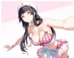  1girl absurdres alternate_breast_size_(larger) ayres_(ayresm) bandaid bandaid_on_breast beret bikini bikini_skirt black_hair blush breasts chisa_(peach_parfait)_(wuthering_waves) chisa_(wuthering_waves) commentary_request grin hair_ribbon hat highres large_breasts long_hair mole mole_under_eye nail_polish navel official_alternate_costume outstretched_arms pink_bikini pink_nails pink_ribbon plaid_bikini plaid_clothes red_eyes ribbon sidelocks skirt smile solo stomach swimsuit white_hat white_skirt wuthering_waves 
