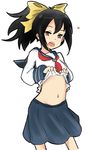  black_hair blush bow brown_eyes flat_chest hair_bow latenight long_hair navel oura_kanako ponytail sayonara_zetsubou_sensei school_uniform serafuku shirt_lift skirt solo 