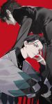  2boys argyle_clothes black_hair black_jacket blue_hair chair fate/grand_order fate_(series) grey_jacket hair_pulled_back highres hijikata_toshizou_(fate) jacket jewelry kondou_isami_(fate) long_hair long_sleeves looking_at_viewer low_ponytail multicolored_hair multiple_boys necklace official_artist_extra pako_(pakosun) ponytail red_background red_hair shirt sitting sitting_backwards streaked_hair turtleneck turtleneck_shirt white_eyes 