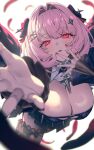 1girl black_bow black_dress black_shrug black_thighhighs black_wings bow breasts chest_belt chyko cleavage commentary_request dress falling_feathers feathers hair_bow hair_intakes highres jewelry large_breasts looking_at_viewer medium_hair multiple_hair_bows official_alternate_costume pink_hair purple_eyes reaching reaching_towards_viewer remielle_dan remielle_dan_(moonlight_whispers) ring shrug_(clothing) solo thighhighs thighs wings zenless_zone_zero 