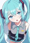  1girl aqua_eyes aqua_hair aqua_necktie aqua_trim arms_under_breasts ben-day_dots black_skirt black_sleeves blush breasts collared_shirt commentary cowboy_shot crossed_arms detached_sleeves dot_nose frilled_shirt frills grey_background grey_shirt hair_between_eyes hair_ornament hatsune_miku head_tilt highres kotoart10 leaning_forward long_hair looking_at_viewer medium_breasts necktie open_mouth pleated_skirt raised_eyebrow screentones shadow shirt sidelocks signature simple_background skirt sleeveless sleeveless_shirt solo tie_clip twintails untucked_shirt very_long_hair vocaloid watermark 