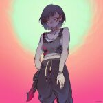  1girl aqua_eyes artist_name bandaid bandaid_on_arm black_hair black_pants black_tank_top blue_necktie bracelet carmine3 closed_mouth collarbone commentary crop_top deviantart_logo deviantart_username drawstring earrings english_commentary eyelashes facial_mark fingernails hand_in_pocket highres jewelry nail_polish necktie original pants short_hair solo sweatpants tank_top web_address yami_kawaii 