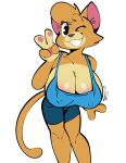 2026 absurd_res anthro big_breasts blue_clothing blue_shirt blue_topwear bottomwear breasts cleavage clothed clothed_anthro clothed_female clothing digital_drawing_(artwork) digital_media_(artwork) domestic_cat eye_through_hair eyelashes facial_markings felid feline felis female female_anthro fingers front_view fur gabbah gesture hair hand_gesture head_markings hi_res lily_(gabbah) mammal markings motion_lines multicolored_body multicolored_fur muzzle_(marking) nipple_outline one_eye_closed orange_body orange_fur pawpads pink_inner_ear pink_pawpads portrait shirt shorts simple_background sleeveless_shirt smile solo tail three-quarter_portrait topwear translucent translucent_hair v_sign white_background white_sclera wink