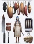  1girl apron blue_eyes bright_pupils can carving_fork cheese commentary_request dirty dirty_clothes dorohedoro eyelashes fish fish_(food) food fork full_body highres holding holding_knife kitchen_knife knife meat mittens open_mouth rb_17 sardine sausage shoes simple_background smile solo standing turkey_(dorohedoro) white_apron white_background white_pupils white_shoes 
