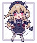 1girl apron armband bandaged_arm bandaged_horn bandages black_apron black_hat black_horns black_tail black_wings blonde_hair blush center_frills collared_dress commentary_request demon_horns demon_wings dress fang frills full_body grey_dress grey_thighhighs hanasaki_ayame_(artist) hands_up hat heart highres horns long_hair looking_at_viewer natori_sana natori_sana_(devil_natori) nurse_cap open_mouth red_armband red_eyes sana_channel short_sleeves skin_fang solo standing tail thighhighs two_side_up virtual_youtuber w_arms white_background wings 