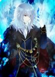  1boy ascot bad_id bad_pixiv_id black_pants blue_coat brown_coat coat commentary_request formal_clothes gloves hair_between_eyes hand_up jewelry male_focus medium_hair messy_hair pale_skin pants red_eyes red_sash sash solo tsukihime tsukihime_(remake) vampire vlov_arkhangel white_ascot white_gloves white_hair yoshino_nemu 