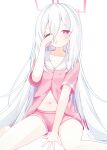  1girl absurdres alternate_costume bare_legs barefoot between_legs blue_archive bright_pupils closed_mouth commentary dot_nose double-parted_bangs eyes_visible_through_hair foot_out_of_frame hair_between_eyes hair_down half-closed_eyes halo hand_between_own_legs hand_up highres invisible_floor kei_(blue_archive) kei_(student)_(blue_archive) light_blush light_frown long_hair long_hair_between_eyes looking_at_viewer loosely_tucked_bangs loungewear midriff navel nekoratte one_eye_closed pajamas partially_unbuttoned pink_eyes pink_halo pink_pajamas pink_shirt pink_shorts rectangular_halo ringed_eyes rubbing_eyes sailor_collar shirt short_shorts short_sleeves shorts simple_background sitting sleepy solo very_long_hair wariza white_hair white_pupils white_sailor_collar 