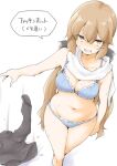  1girl akara_kai blue_bra blue_panties blush bra breasts brown_eyes brown_hair check_translation commentary cowboy_shot hair_ornament hairclip highres hot kantai_collection long_hair low_twintails medium_breasts navel panties profanity scarf solo tashkent_(kancolle) translation_request twintails underwear undressing white_scarf 