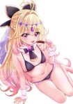  1girl ahoge bikini black_bow blonde_hair blush bow braid breasts commentary_request cure_arcana_shadow food gradient_hair hair_bow highres long_hair looking_at_viewer meitantei_precure! multicolored_hair nail_polish navel pink_hair popsicle precure purple_nails red_eyes shaian simple_background small_breasts smile solo swimsuit tongue tongue_out white_background wrist_cuffs 