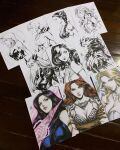  6+girls armor art_tools_in_frame bikini_armor blonde_hair blue_eyes breasts brown_gloves character_request cleavage cleavage_cutout clenched_hand closed_mouth clothing_cutout collar collarbone commentary copyright_request crossed_arms dc_comics earrings emma_frost energy_blade english_commentary gloves green_eyes gwen_stacy hand_to_head highres jewelry kujaku_mai large_breasts lineart long_hair looking_at_viewer looking_to_the_side magik_(x-men) marker_(medium) marvel monochrome multiple_girls parted_lips pauldrons photo_(medium) power_girl princess_leia psylocke purple_eyes purple_hair red_hair red_sonja red_sonja_(comics) scale_armor shoulder_armor signature sketch spider-gwen spider-man_(series) stanley_lau star_wars straight-on traditional_media upper_body white_collar white_gloves x-men 