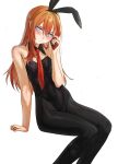  1girl :/ absurdres animal_ears arm_support artist_name bare_shoulders black_pantyhose blush breasts brown_hair commentary detached_collar english_commentary fake_animal_ears highleg highleg_leotard highres holding holding_phone leotard long_hair looking_at_viewer makise_kurisu necktie paid_reward_available pantyhose phone pink_eyes playboy_bunny rabbit_ears red_hair red_necktie science_adventure simple_background sitting solo steins;gate strapless strapless_leotard sweatdrop waligner white_background 