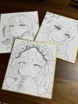  3girls absurdres beret bow closed_mouth collage commentary_request flower frilled_hairband frills gold_border greyscale hair_bow hair_flower hair_ornament hair_over_one_eye hairband hat highres jogasaki_noah kafuri_h long_hair looking_at_viewer mahou_shoujo_no_majo_saiban making-of monochrome multiple_girls natsume_an-an nikaido_hiro polka_dot polka_dot_bow portrait shikishi sketch sleeves_past_fingers sleeves_past_wrists smile traditional_media 