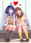  2girls ahoge black_socks blazer blue_bow blue_bowtie blue_eyes blue_hair bow bowtie brown_eyes brown_hair brown_sailor_collar brown_shoes commentary_request dress full_body grey_skirt heart highres jacket kousan loafers long_hair make_heroine_ga_oo_sugiru! medium_hair momozono_junior_high_school_uniform multiple_girls nukumizu_kaju open_clothes open_jacket open_mouth pleated_skirt sailor_collar sailor_dress school_uniform shoes sitting skirt socks teeth tsuwabuki_high_school_uniform upper_teeth_only white_dress white_jacket yanami_anna yellow_bow yellow_bowtie yellow_socks 
