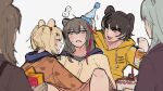  5girls ? absinthe_(arknights) absolut_vodka animal_ears arknights bear_ears bear_girl black_hair blonde_hair blue_eyes blue_hair blush bottle brown_eyes brown_hair closed_eyes drawstring fang gummy_(arknights) hair_ornament hairclip hat highres holding holding_bottle hood hoodie istina_(arknights) jacket leto_atreides long_hair multicolored_hair multiple_girls one_eye_closed open_mouth orange_jacket party_hat red_streaks short_hair smile spoken_question_mark streaked_hair sweatdrop sweater twintails wandering_sarkaz white_streaks yellow_sweater zima_(arknights) 