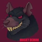 absurd_res bad_teeth black_body black_fur buckteeth disembodied_head evil_grin eyebrows fur grin headshot_portrait hi_res logo looking_at_viewer mammal murid murine muskydemon notched_ear open_mouth open_smile portrait rat red_eyes red_sclera rodent signature simple_background skaven smile teeth text thick_eyebrows warhammer_(franchise) whiskers yellow_teeth