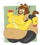 2026 anthro armor armwear belly belly_expansion belly_focus belly_overhang belly_peeking_out big_belly big_breasts big_butt blush bob_cut breasts brown_hair burping butt clothed clothing confusion deep_navel digital_media_(artwork) domestic_cat eating eating_food exclamation_point expansion eyewear eyewear_on_head felid feline felis female flustered food gameoverse gauntlets glitch_productions gloves goggles goggles_on_head hair handwear hi_res holding_food holding_hot_dog holding_object hot_dog huge_belly huge_breasts huge_butt inazuma_kat interrobang kit_bodega love_handles mammal morbidly_obese morbidly_obese_anthro morbidly_obese_female mustard navel nipple_outline obese obese_anthro obese_female one_fang overweight overweight_anthro overweight_female portrait question_mark shirt shocked short_hair simple_background solo thick_thighs three-quarter_portrait three-quarter_view topwear undershirt weight_gain wide_eyed wide_hips