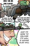 absurd_res anthro brradett clothed clothing colored comic dialogue digital_media_(artwork) english_text female group hair hi_res horn human lernie_(brradett) male mammal scalie smile speech_bubble text yellow_eyes