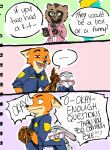 absurd_res anthro blush canid canine cellphone clothing comic disney electronics european_rabbit female fox fur grey_body grey_fur group hi_res judy_hopps lagomorph leporid male male/female mammal microphone nick_wilde orange_body orange_fur oryctolagus phone police police_uniform rabbit red_fox sunnypompom06 trio true_fox uniform zootopia