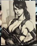  1girl artist's_hand_in_frame asymmetrical_gloves bikini breasts cleavage closed_mouth collarbone commentary elbow_gloves english_commentary facial_mark gloves gun highres long_hair looking_at_viewer metal_gear_(series) metal_gear_solid_v:_the_phantom_pain mismatched_gloves monochrome photo_(medium) quiet_(metal_gear) rifle signature sniper_rifle solo stanley_lau swimsuit traditional_media weapon 