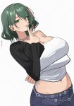  1girl :p absurdres asymmetrical_hair breasts commentary_request dead_or_alive dead_or_alive_xtreme denim finger_to_mouth green_eyes green_hair green_nails highres jeans jewelry large_breasts looking_at_viewer midriff mole mole_under_eye multicolored_hair multicolored_shirt necklace pants pinepin red_streaks shirt single_bare_shoulder solo streaked_hair tamaki_(doa) tongue tongue_out twitter_username venus_vacation_prism:_dead_or_alive_xtreme white_background 